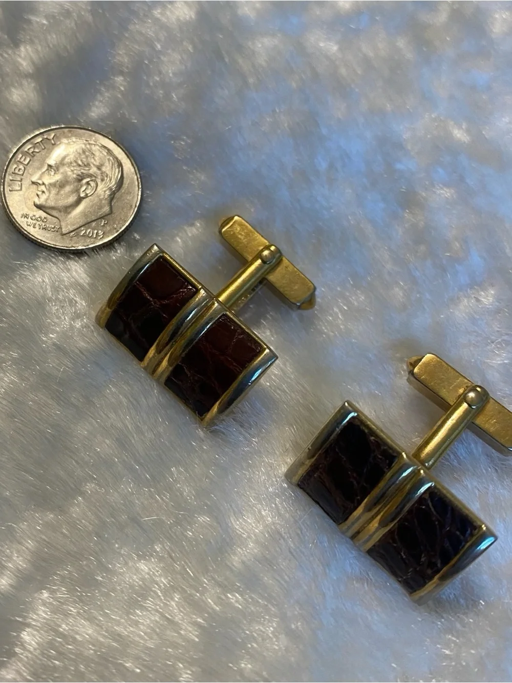 🍀VTG Swank Gold Brown Leather Inlay Cufflinks